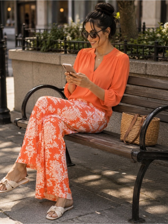 Pants - 🛍️ Women's Coral & Cream Damask Print Wide-Leg Pants